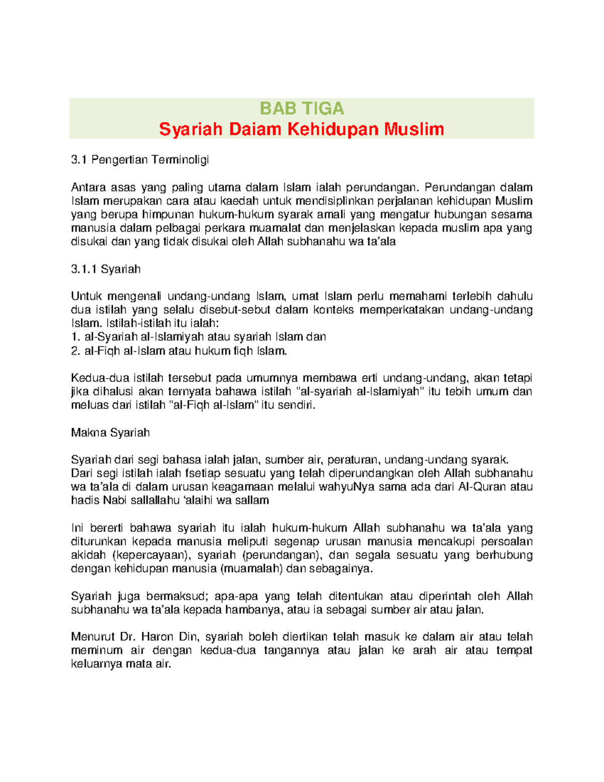 Tajuk 3 Ctu101 Bab Tiga Syariah Daiam Kehidupan Muslim 3 Pengertian
