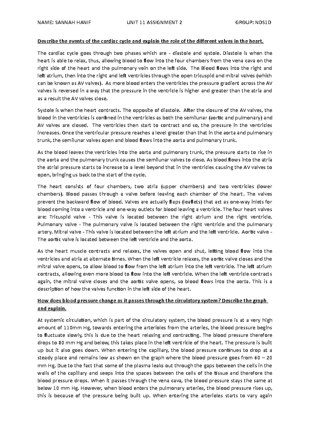 Cardiac cycle and circulatory system - NAME: SANNAH HANIF UNIT 11 ...