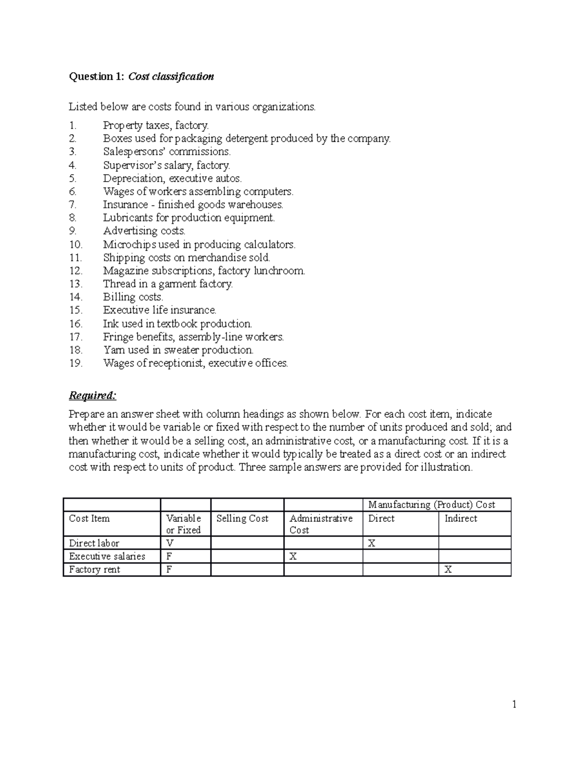 Costconcept Illustration Question 1 Cost classification Listed