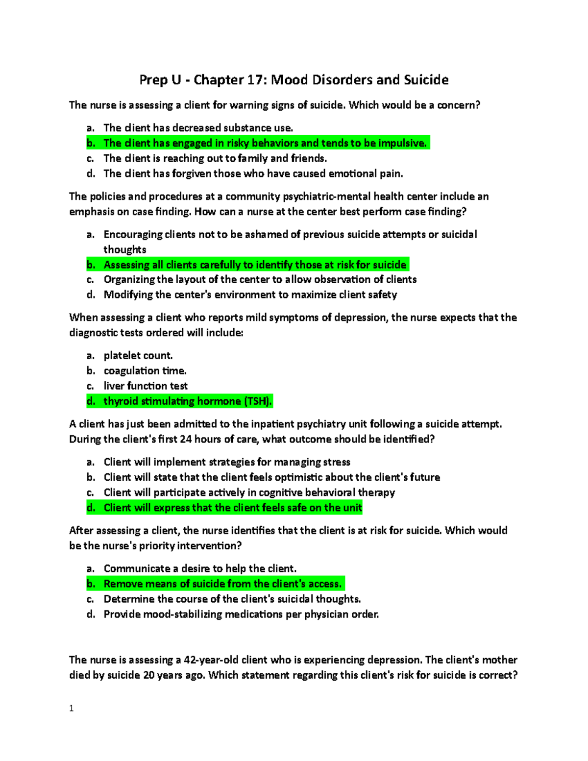 Mood Disorders And Suicide - Which Would Be A Concern? A. The Client ...