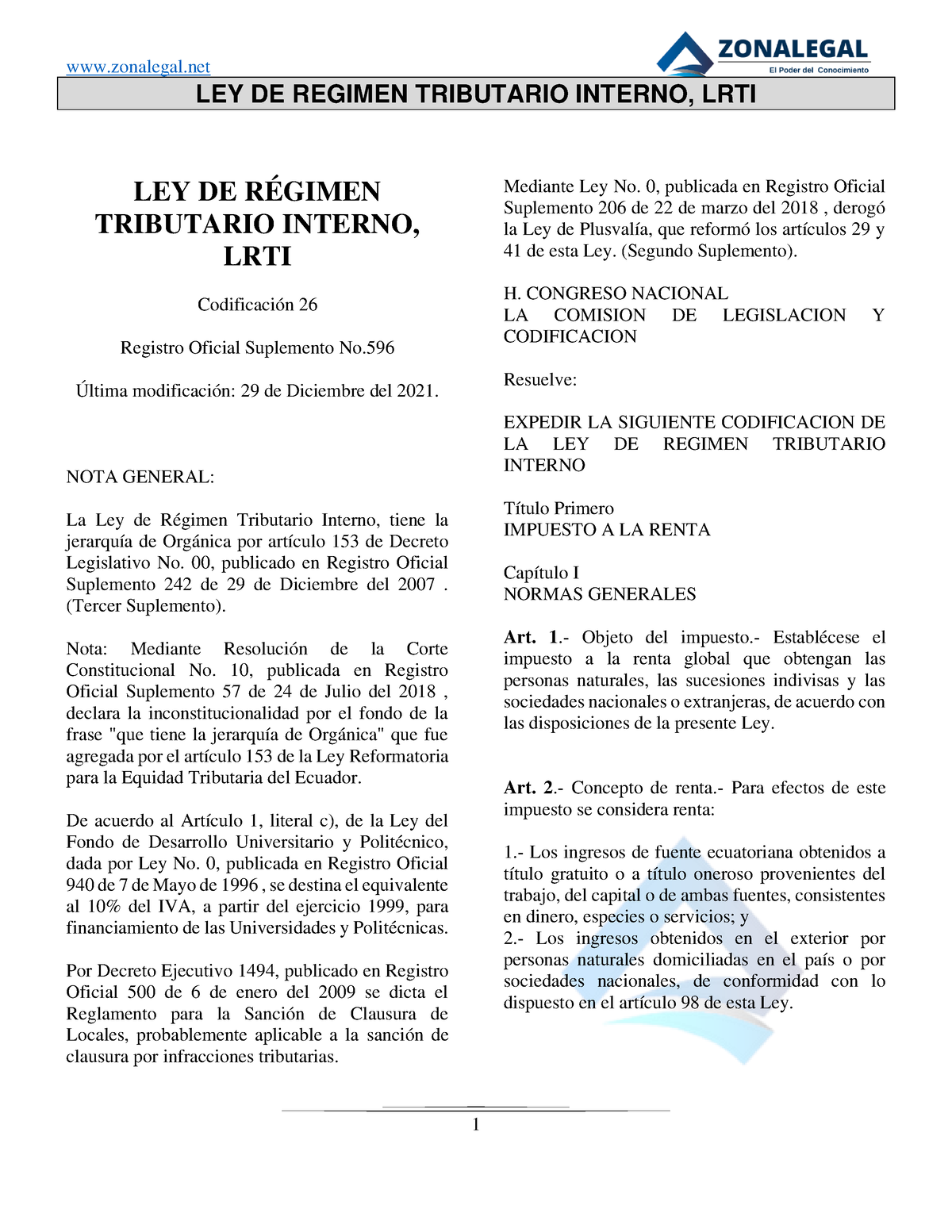 LEY DE Regimen Tributario Interno LRTI2022 - LEY DE REGIMEN TRIBUTARIO ...