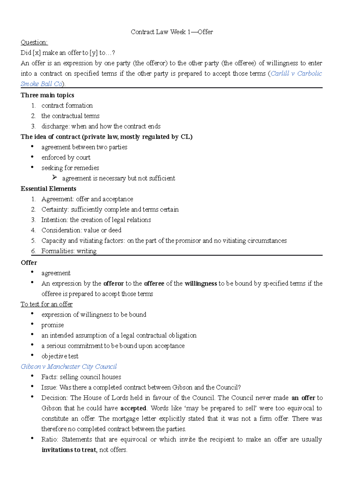 W1 Offer - Detailed notes - Contract Law Week 1—Offer Question: Did [x ...
