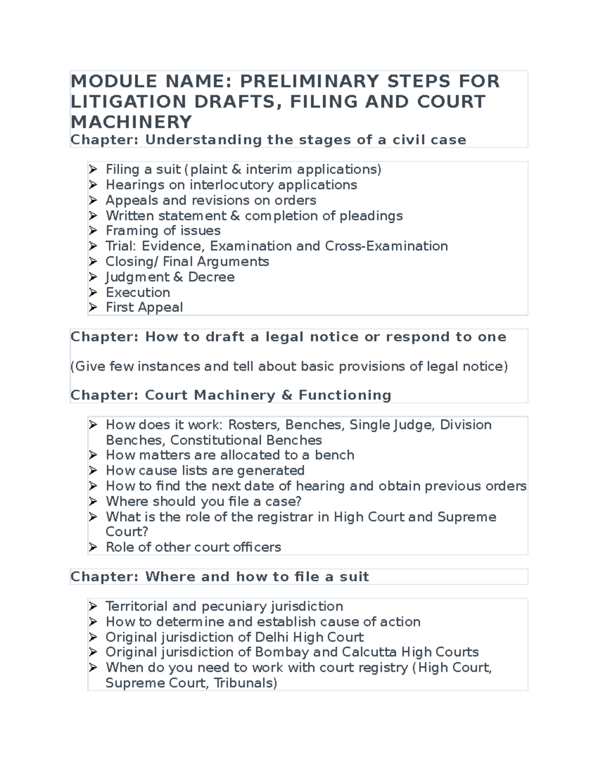 Civil Practice - MODULE NAME: PRELIMINARY STEPS FOR LITIGATION DRAFTS ...