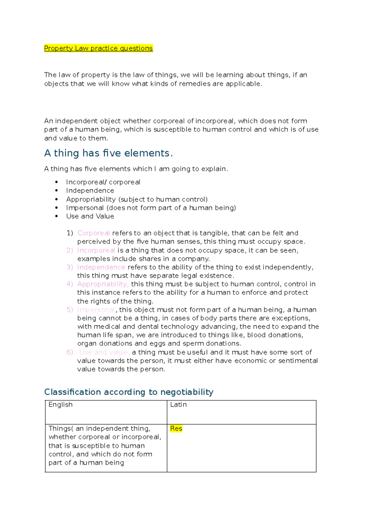 Property Law practice questions An independent object whether
