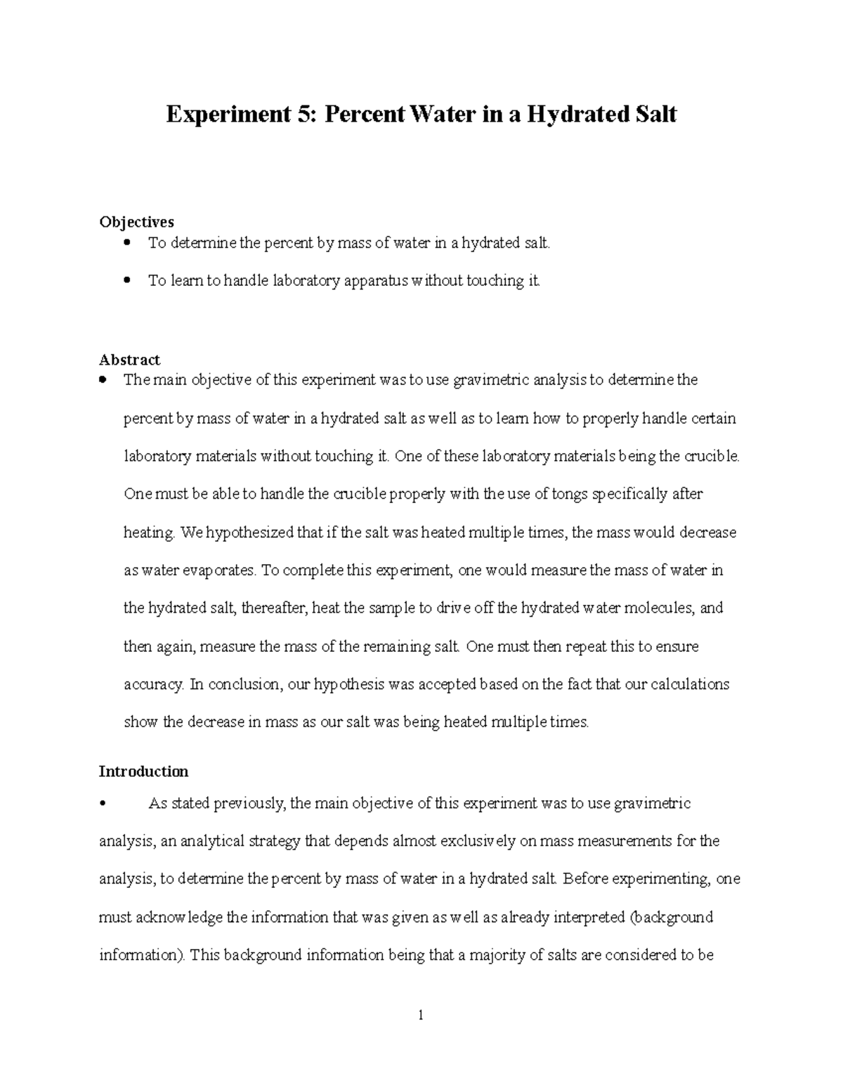 Experiment 5 Lab Report Experiment 5 Percent Water in a Hydrated