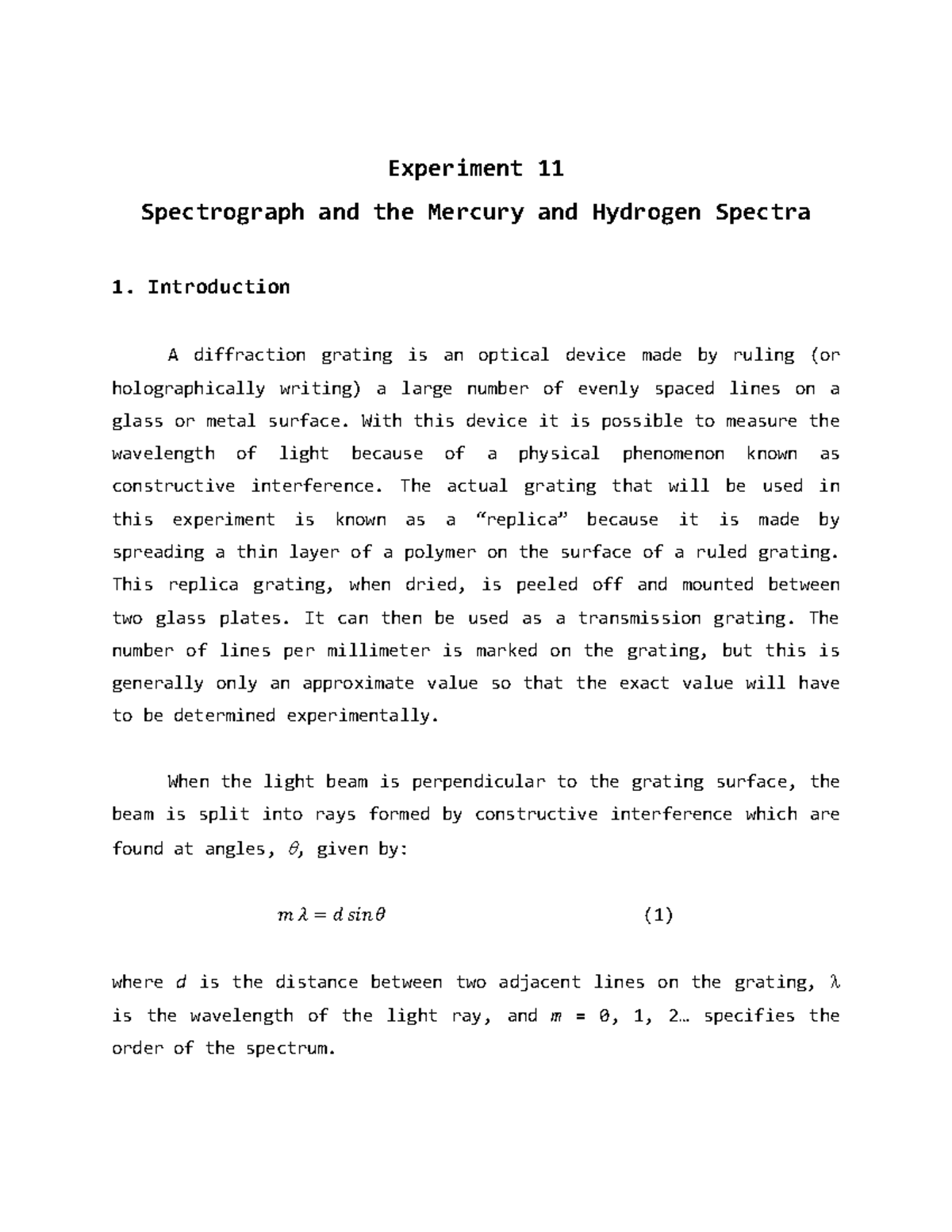 Spectrograph Lab using hydrogen and mercury - Experiment 11 ...