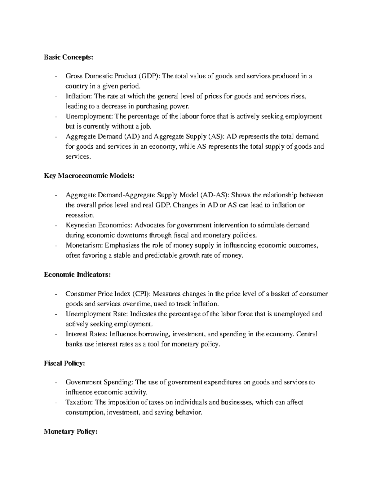 Macro Economics - Basic Concepts: - Gross Domestic Product (GDP): The ...
