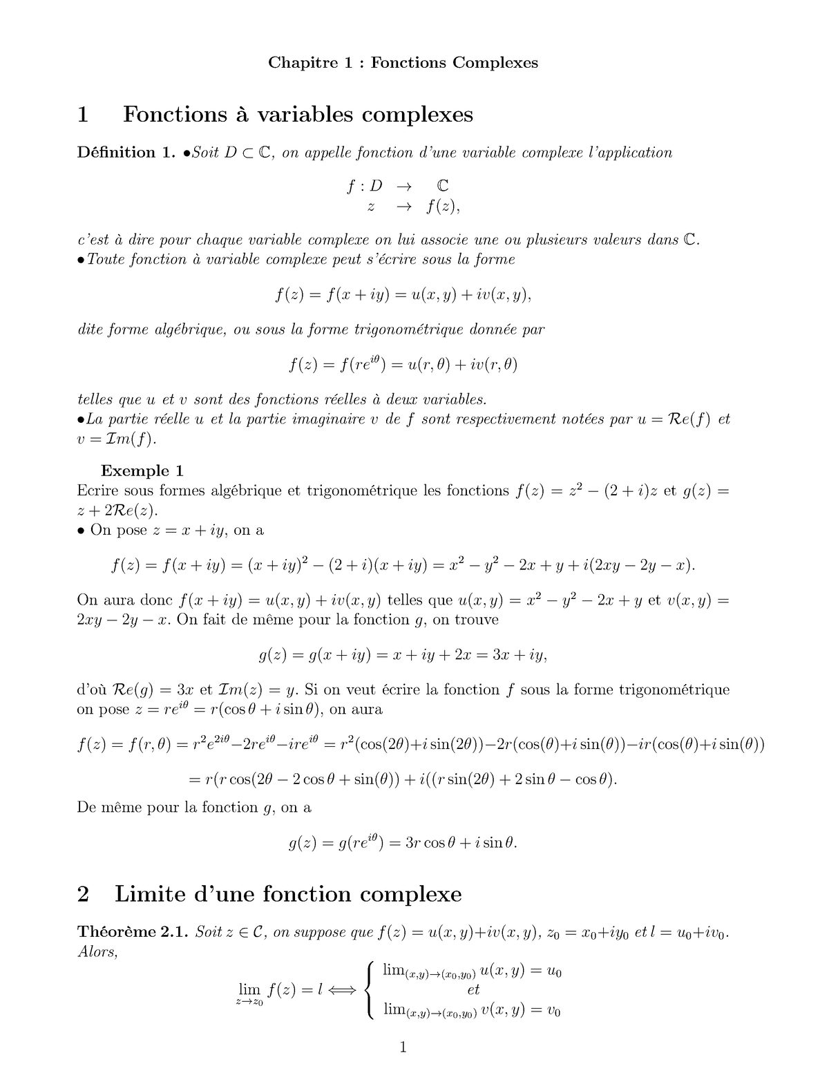 Cours Fonctions Complexe Chapitre 1 Fonctions Complexes 1 Fonctions à Variables Complexes 