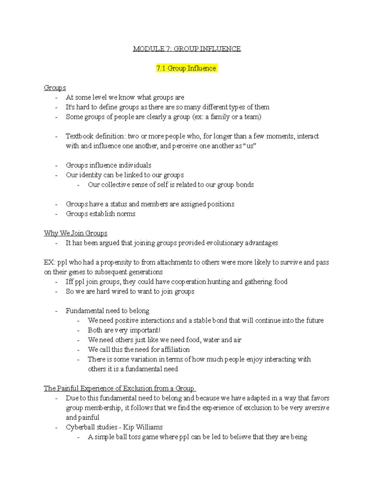 PSYC 241 Module 7 - MODULE 7: GROUP INFLUENCE 7 Group Influence Groups ...