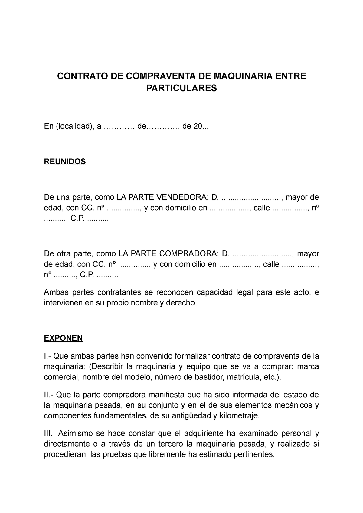 Modelo Contrato De Compraventa De Equipos Y Maquinaria Contrato De Compraventa De Maquinaria 3446