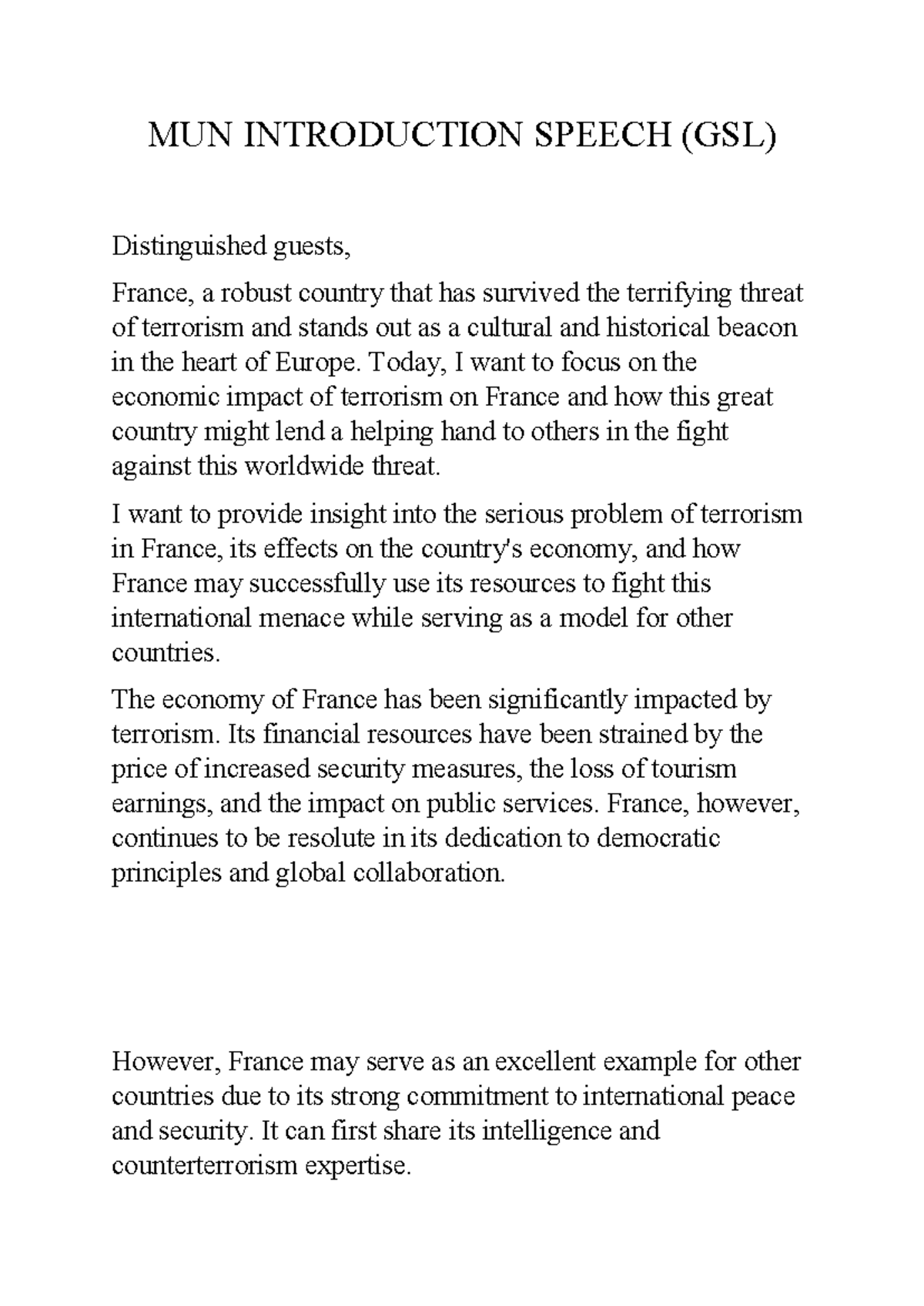 MUN Introduction Speech - MUN INTRODUCTION SPEECH (GSL) Distinguished ...