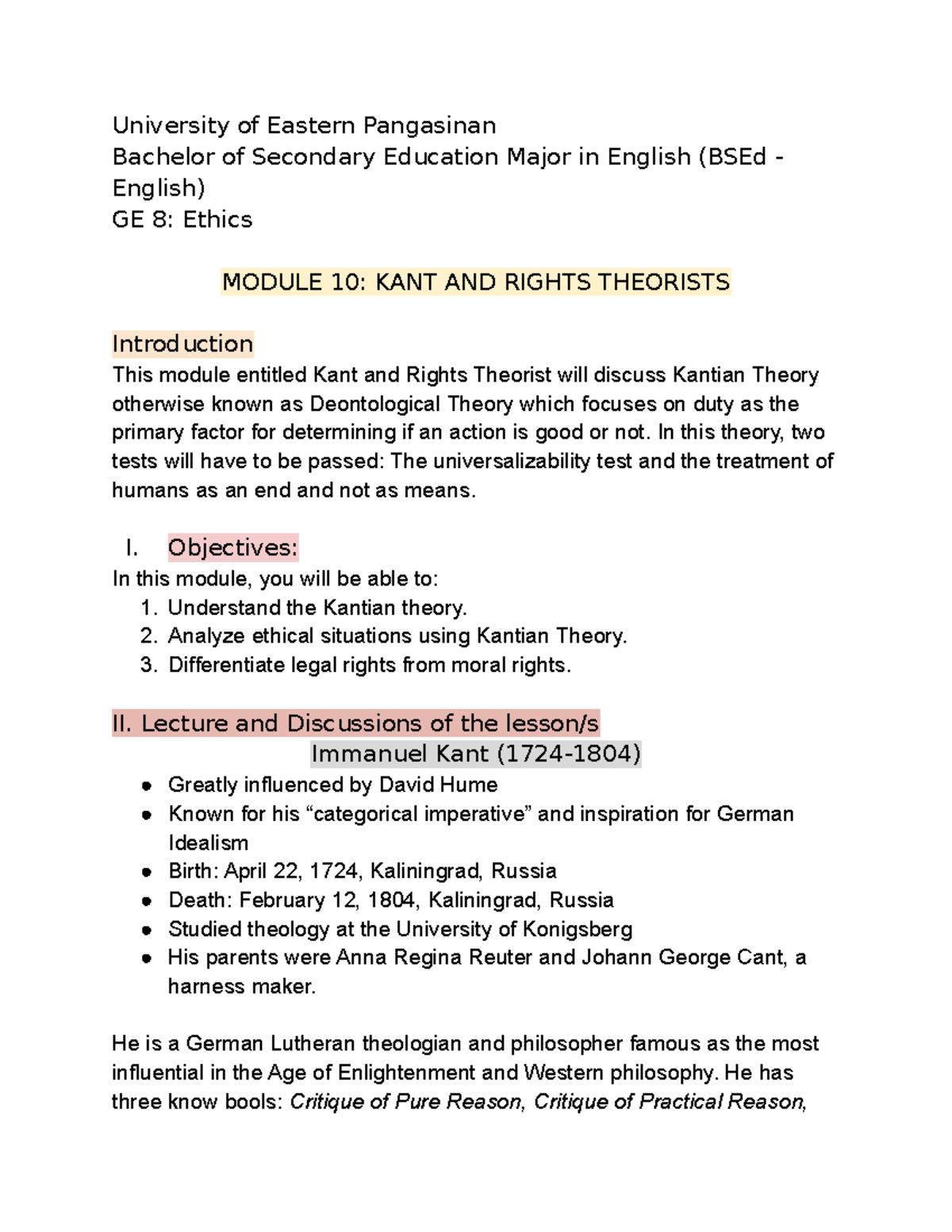 GE 8 Ethics Module 10 KANT AND Rights Theorists University of Eastern