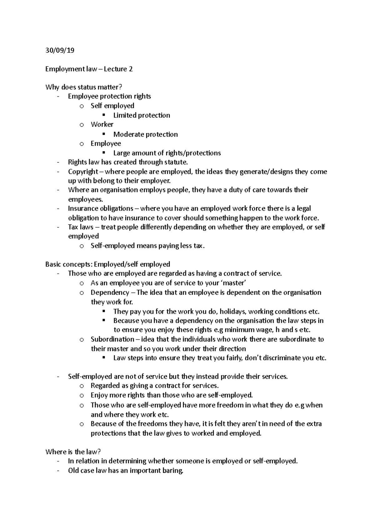 Employment law - Lecture 2 - UWE - Studocu