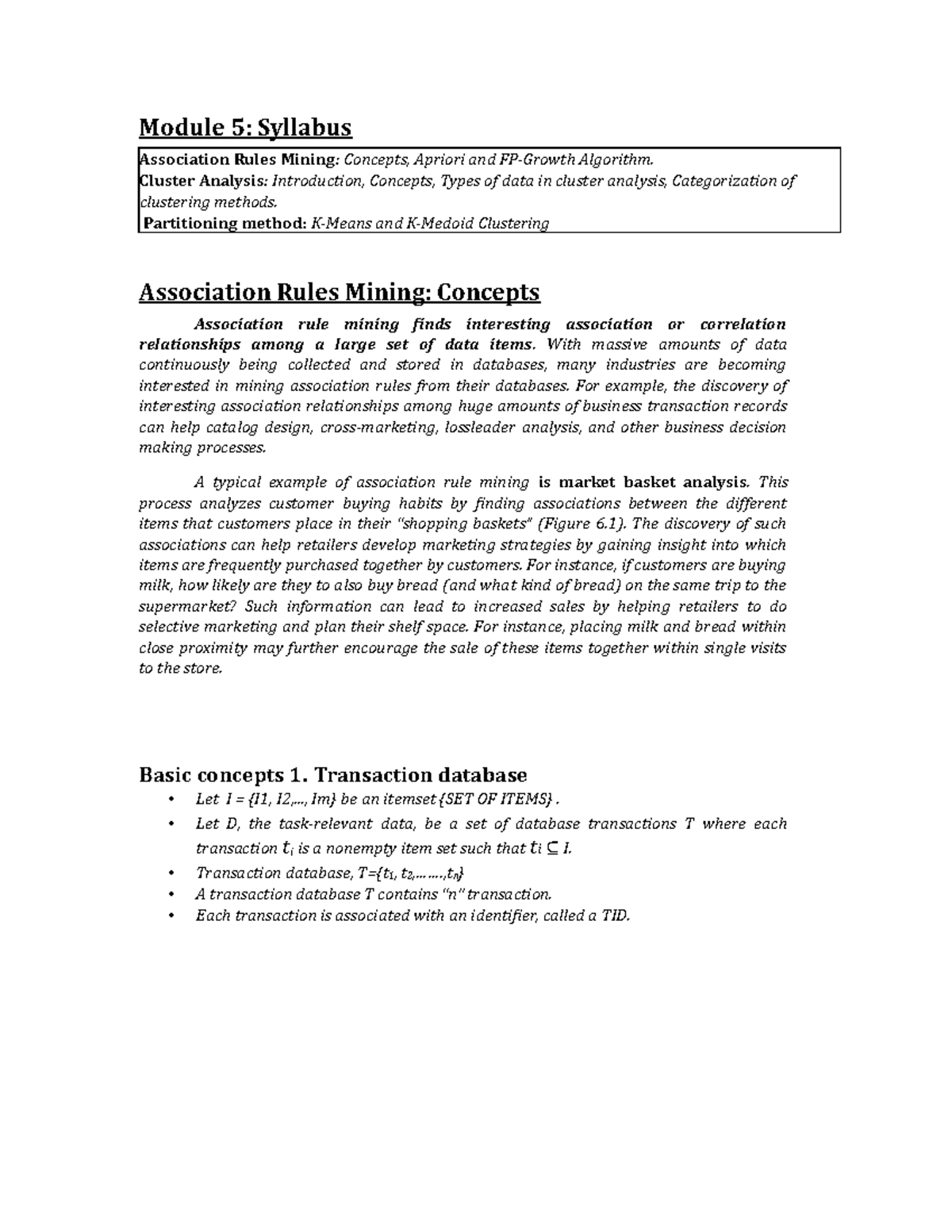 Data Mining and Ware Housing Module 5 - Module 5: Syllabus Association ...