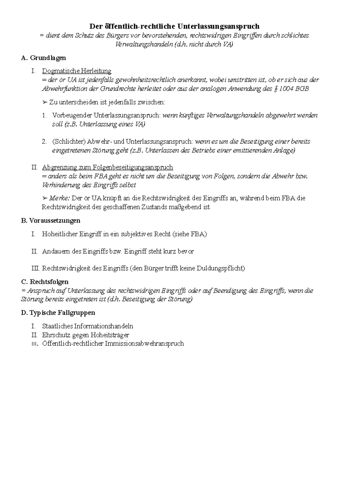 Unterlassungsanspruch nicht durch VA) A. Grundlagen I. Dogmatische