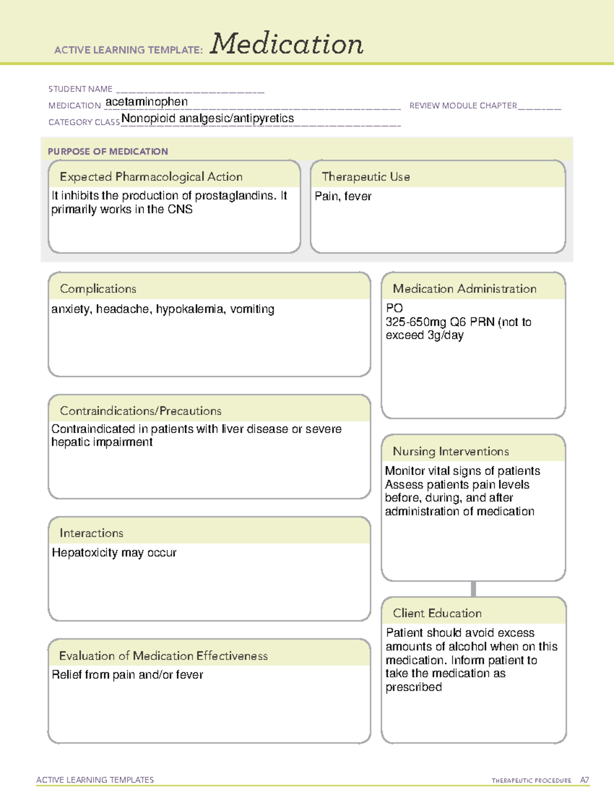 Acetaminophen med card for class ACTIVE LEARNING TEMPLATES