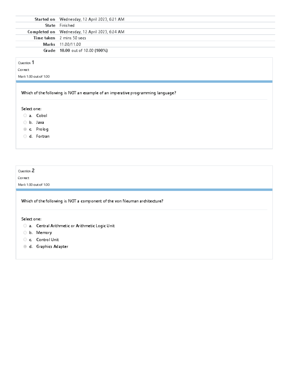 Self-Quiz 2 von Neumann, Church, and Turning - Started on Wednesday, 12 ...