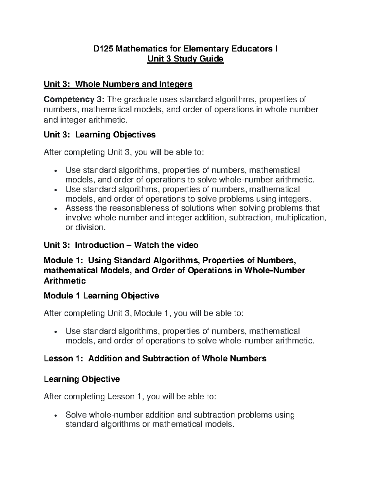 D125 Unit 3 Study Guide - D12 5 Mathematics for Elementary Educators I ...