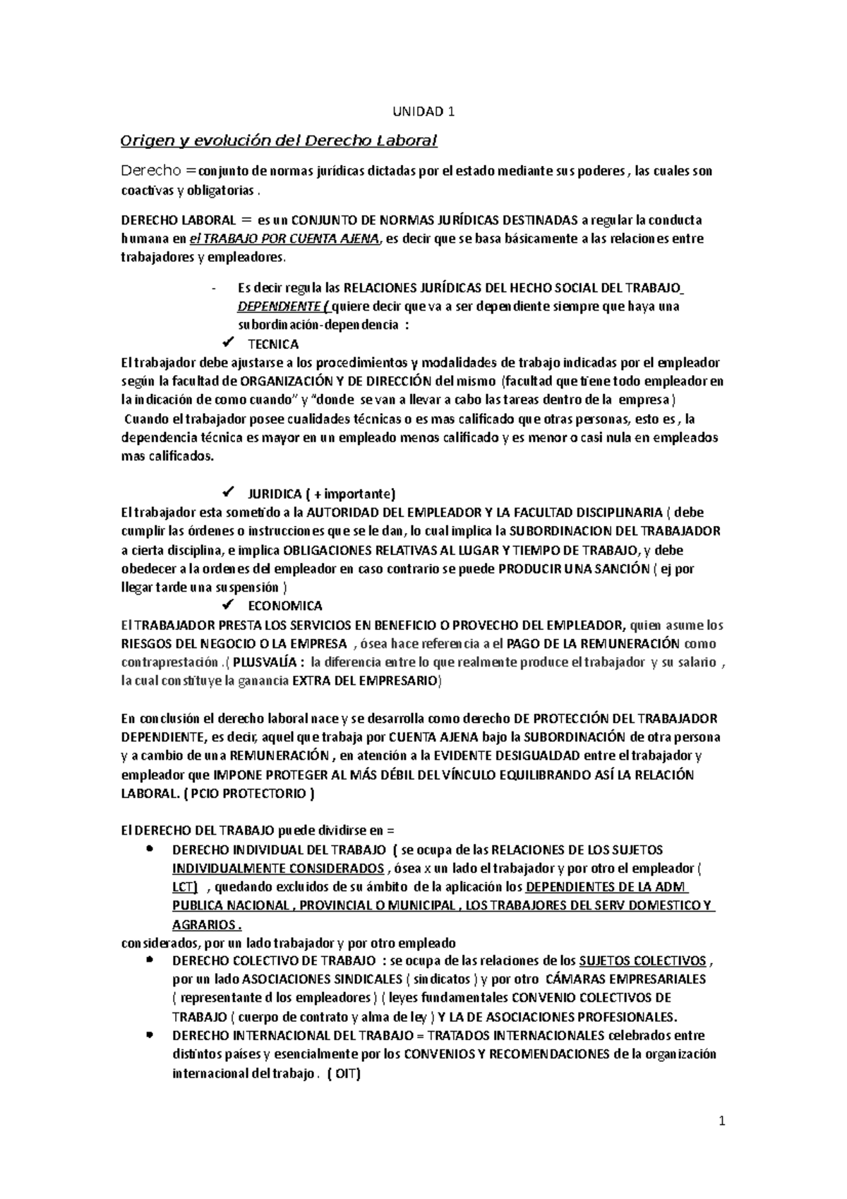 Unid 1 - derecho laboral resumen para el primer parcial - UNIDAD 1 ...