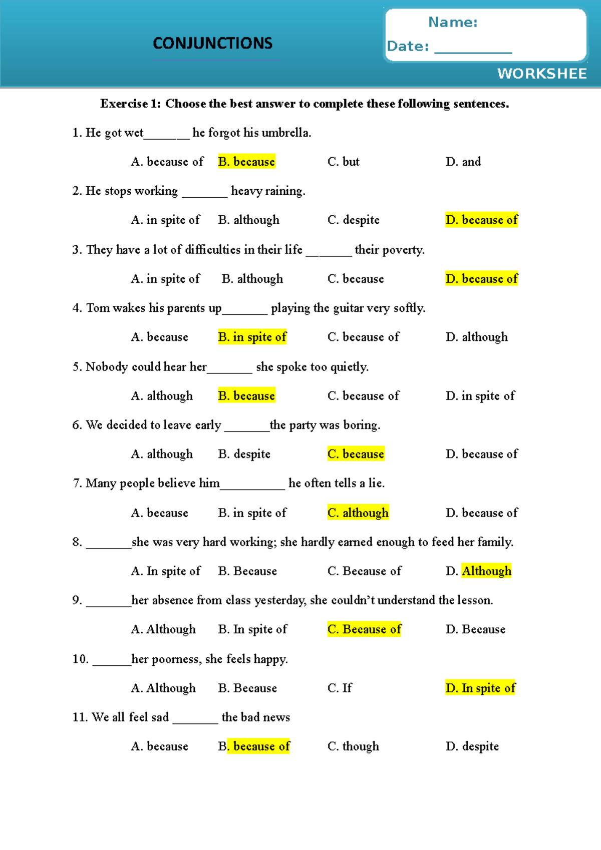 Conjunctions - Worksheet - Exercise 1: Choose the best answer to ...