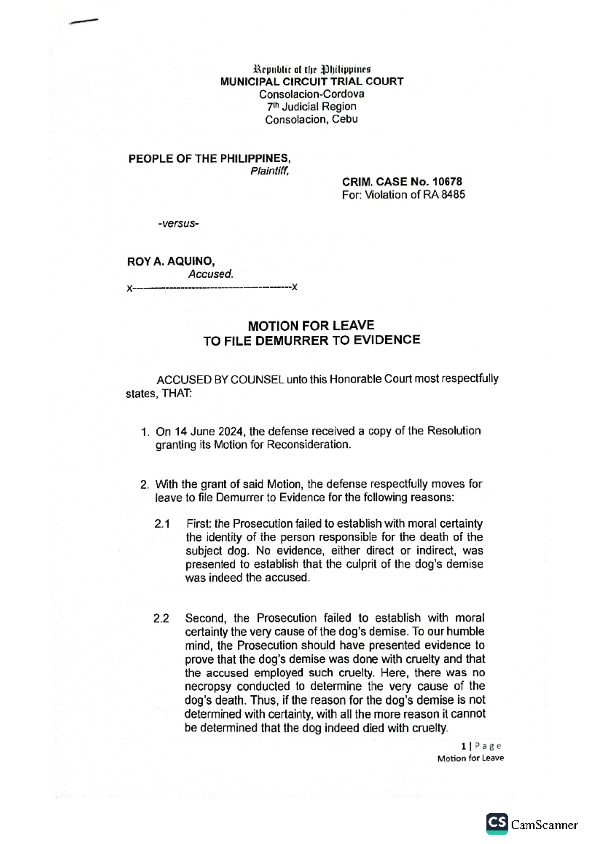 Motion for Leave to File Demurrer to Evidence Republic of the