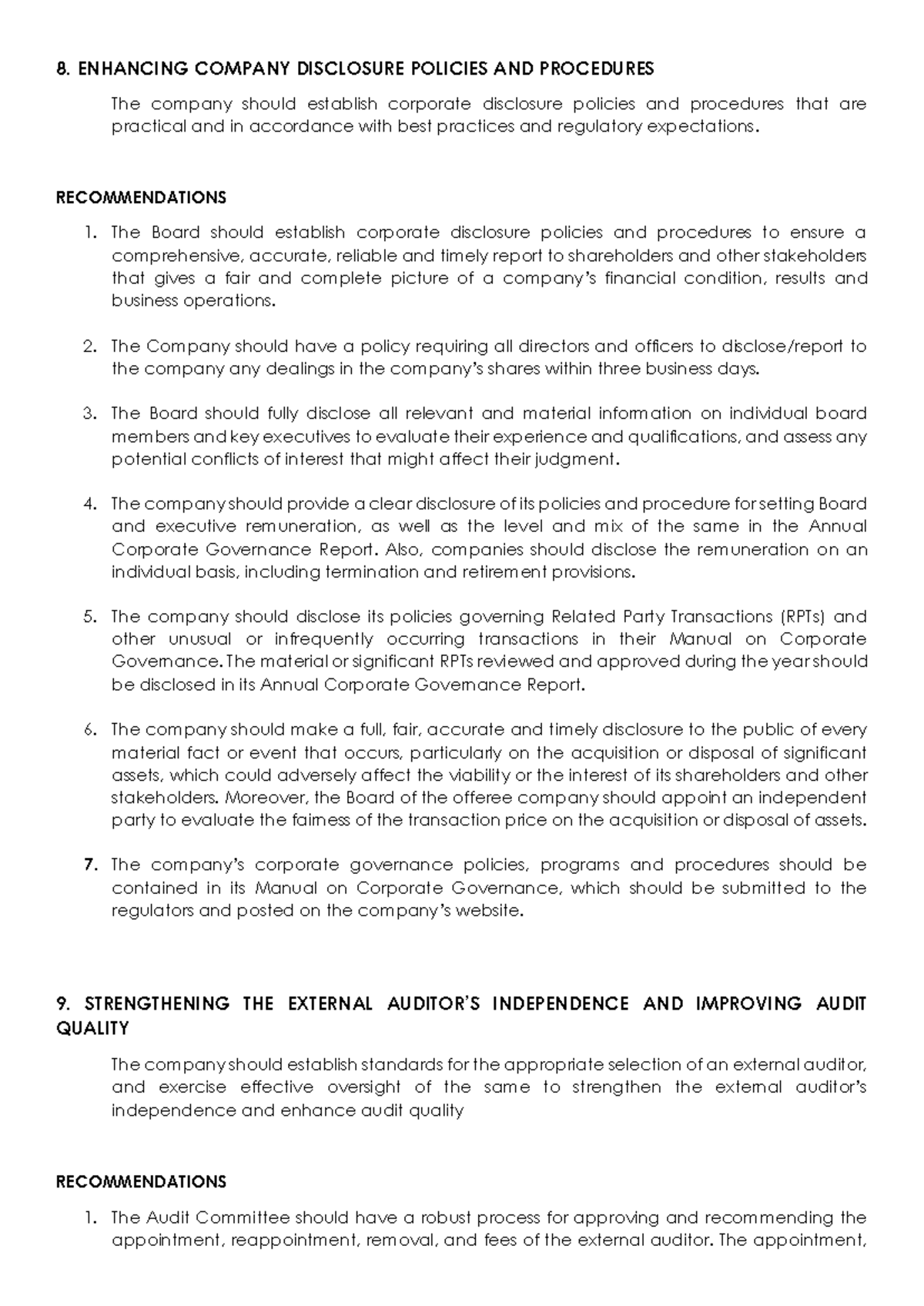 CODE OF CORPORATE GOVERNANCE - 8. ENHANCING COMPANY DISCLOSURE POLICIES ...