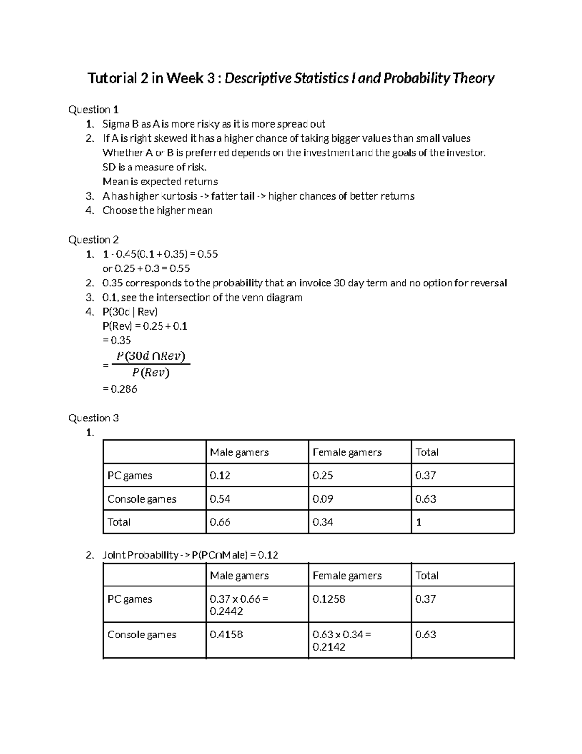 Tut 2 week 3 Descriptive Statistics I and Probability Theory - Tutorial ...