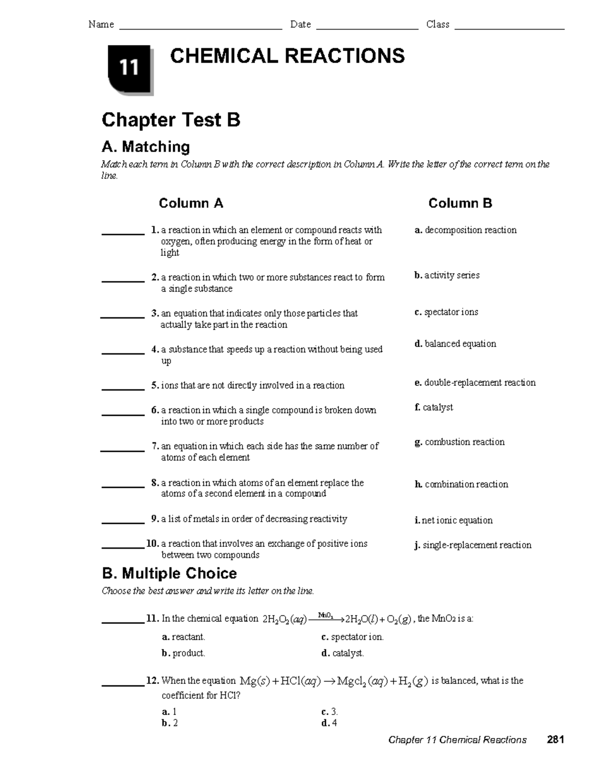 Chapter 11 Test B - Helpful. - CHEMICAL REACTIONS Chapter Test B A ...