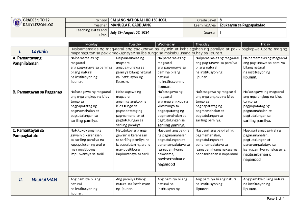 Dll grade 8 2022 - huihiujoiok - GRADES 1 TO 12 DAILY LESSON LOG School ...