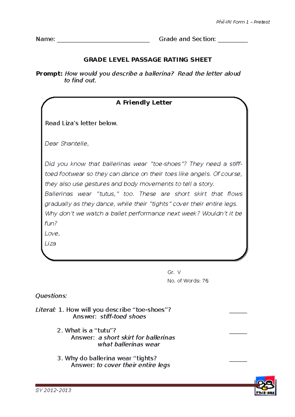 Grade 5.A Friendly Letter - Name: _______________________________ Grade ...