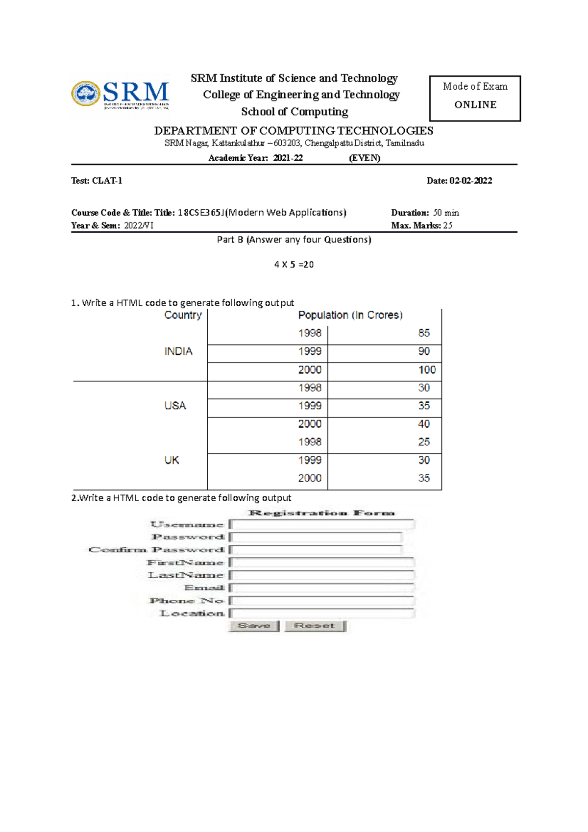 CT1-PART B-SET A - Practise Question Paper - SRM Institute Of Science ...