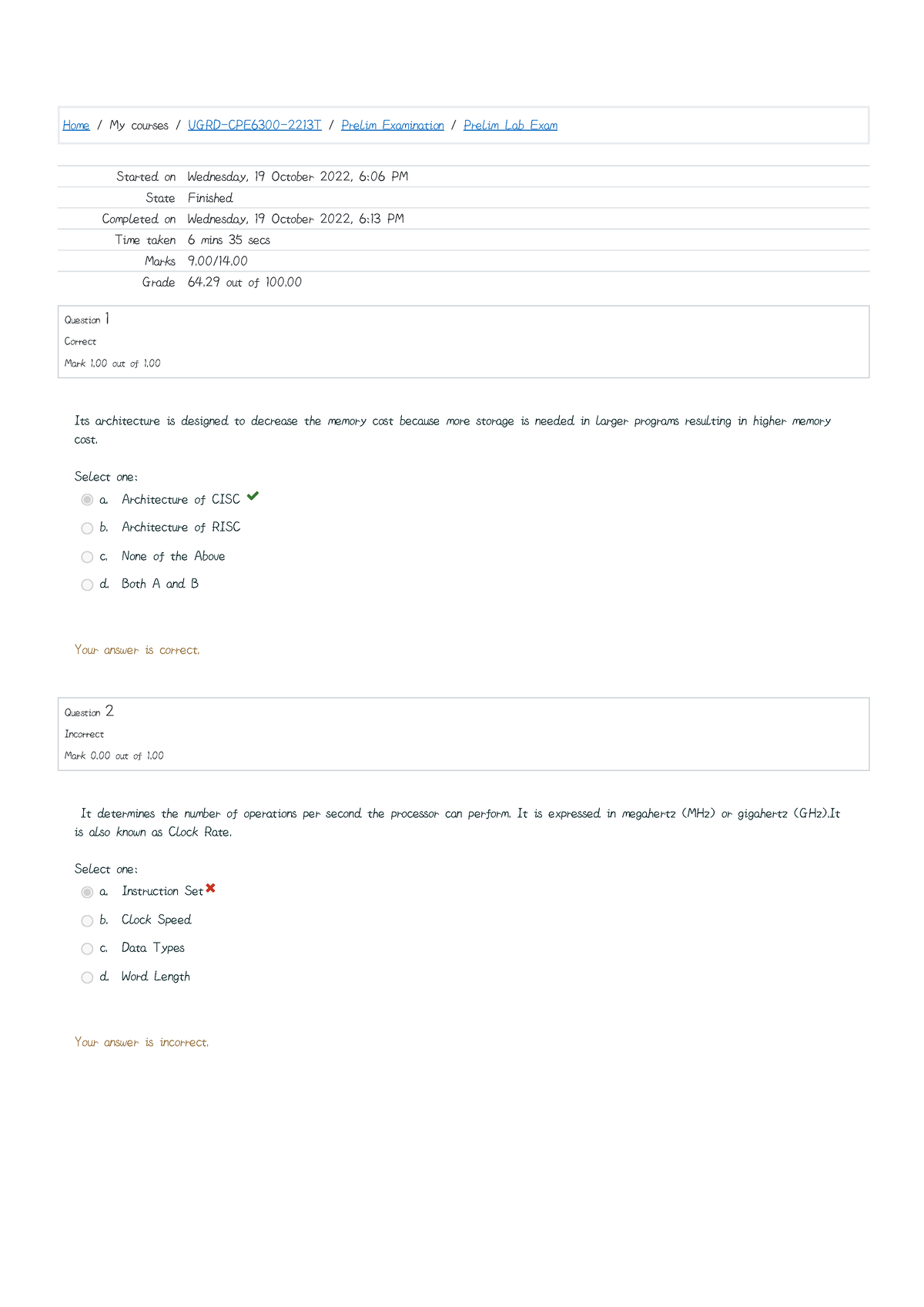 Prelim Lab Exam Attempt Review - Home / My Courses / UGRD-CPE6300-2213T ...