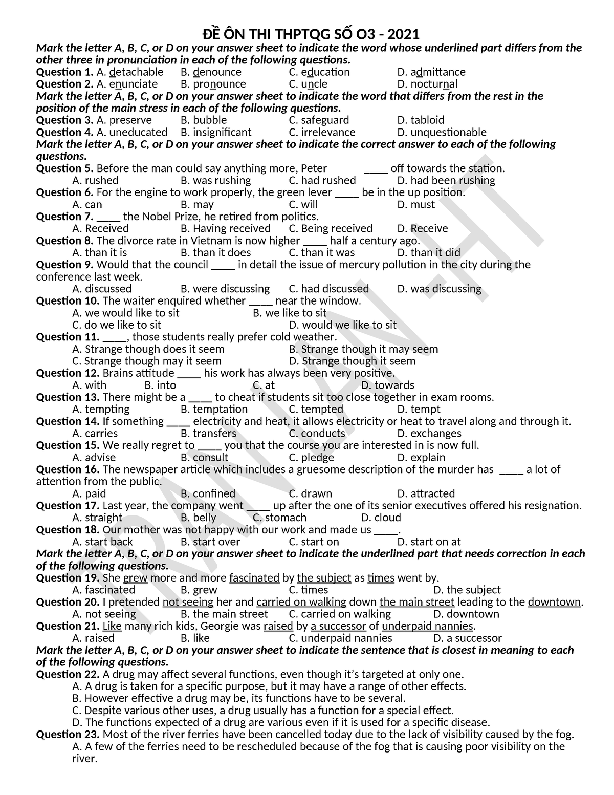 Practice-TEST-3 - ...... - ĐỀ ÔN THI THPTQG SỐ O3 - 2021 Mark The ...