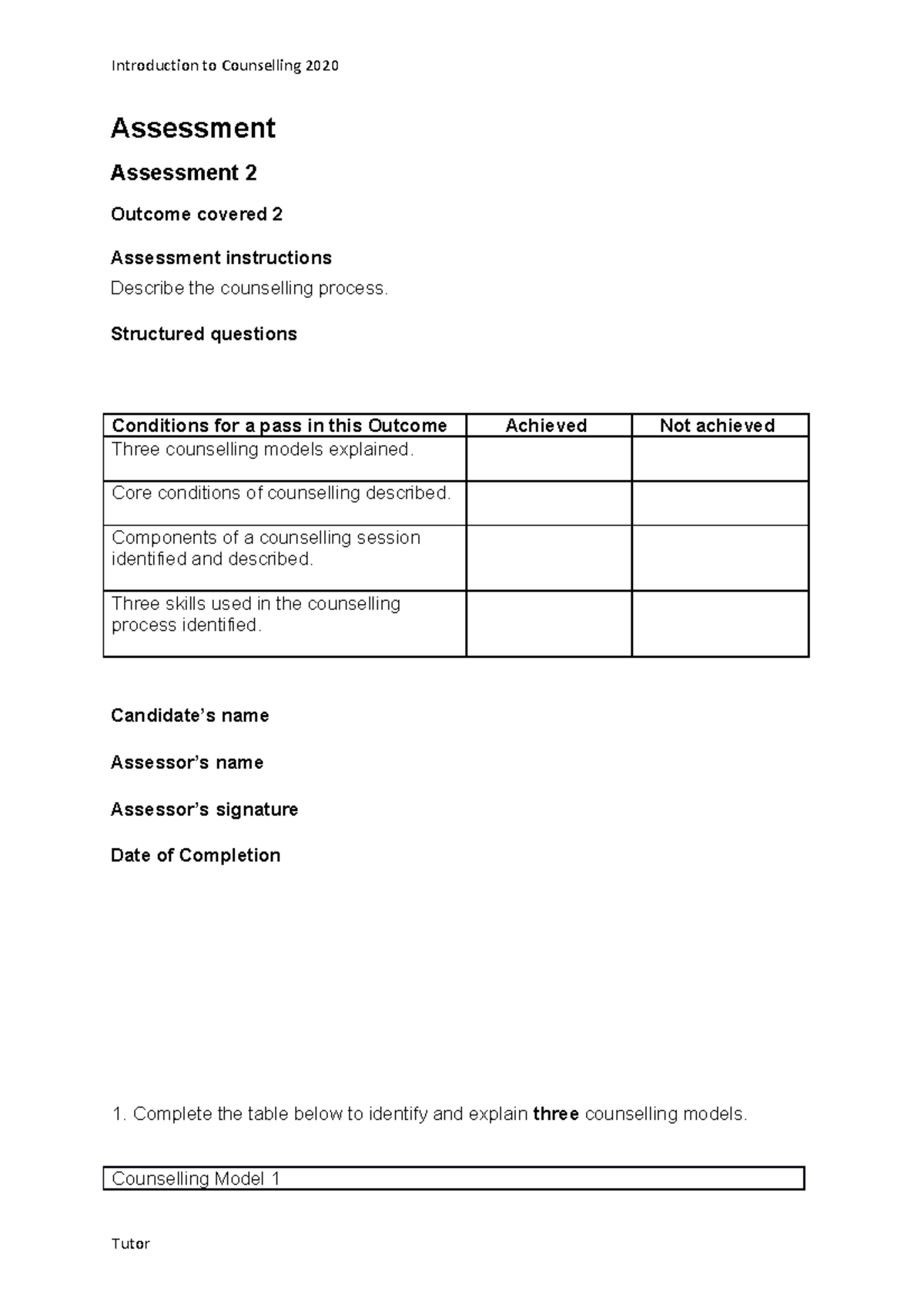 Assessment 2 introduction to counselling - Assessment Assessment 2 ...