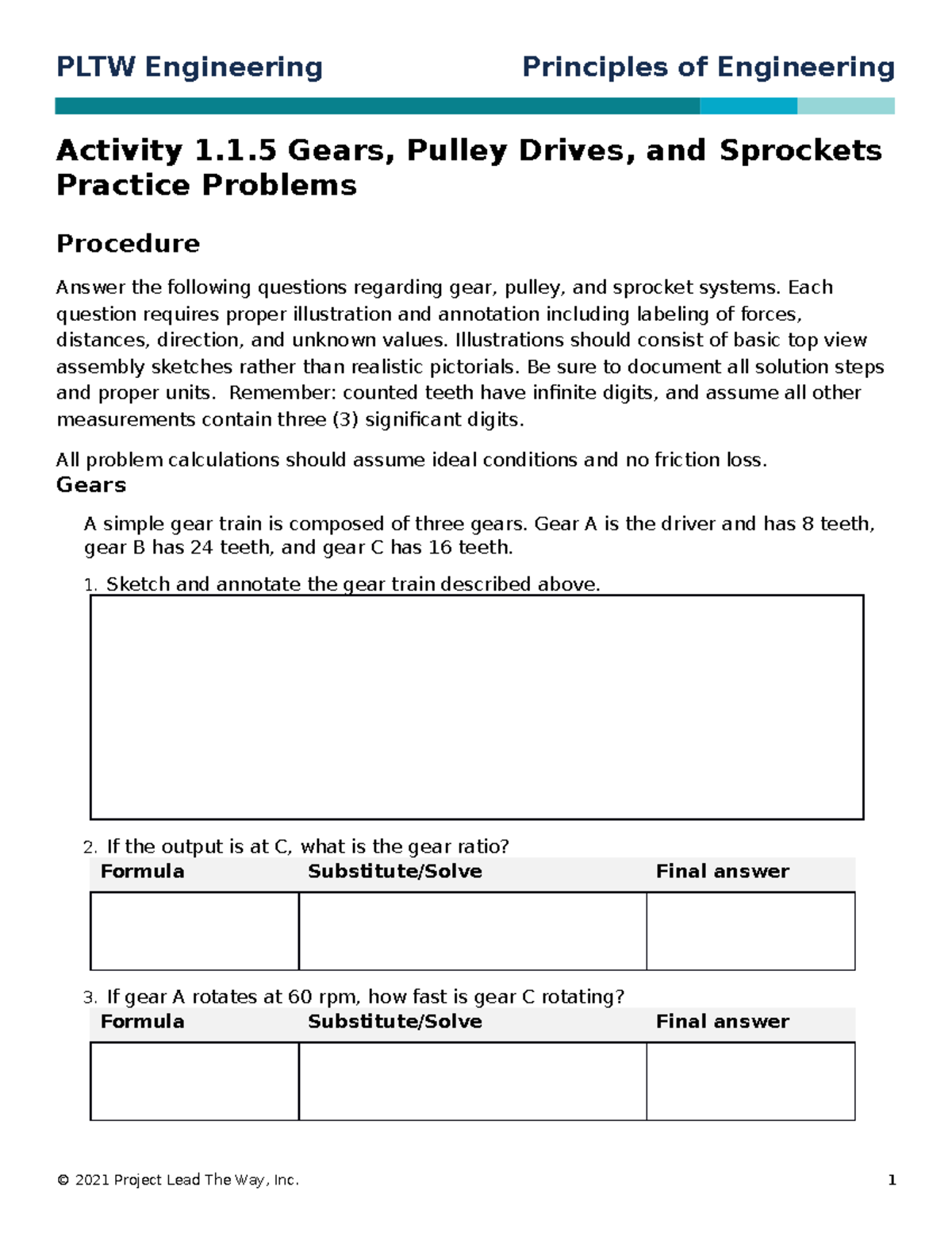 Poe 115 Gears Pulley Drives Sprockets Practice Problems Activity 1.1