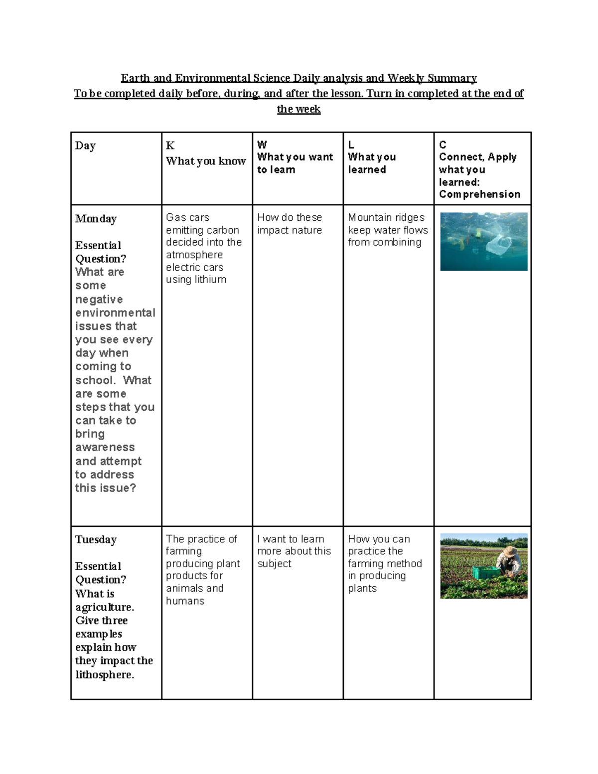 Copy of KWL Connections-10-16 - Earth and Environmental Science Daily ...