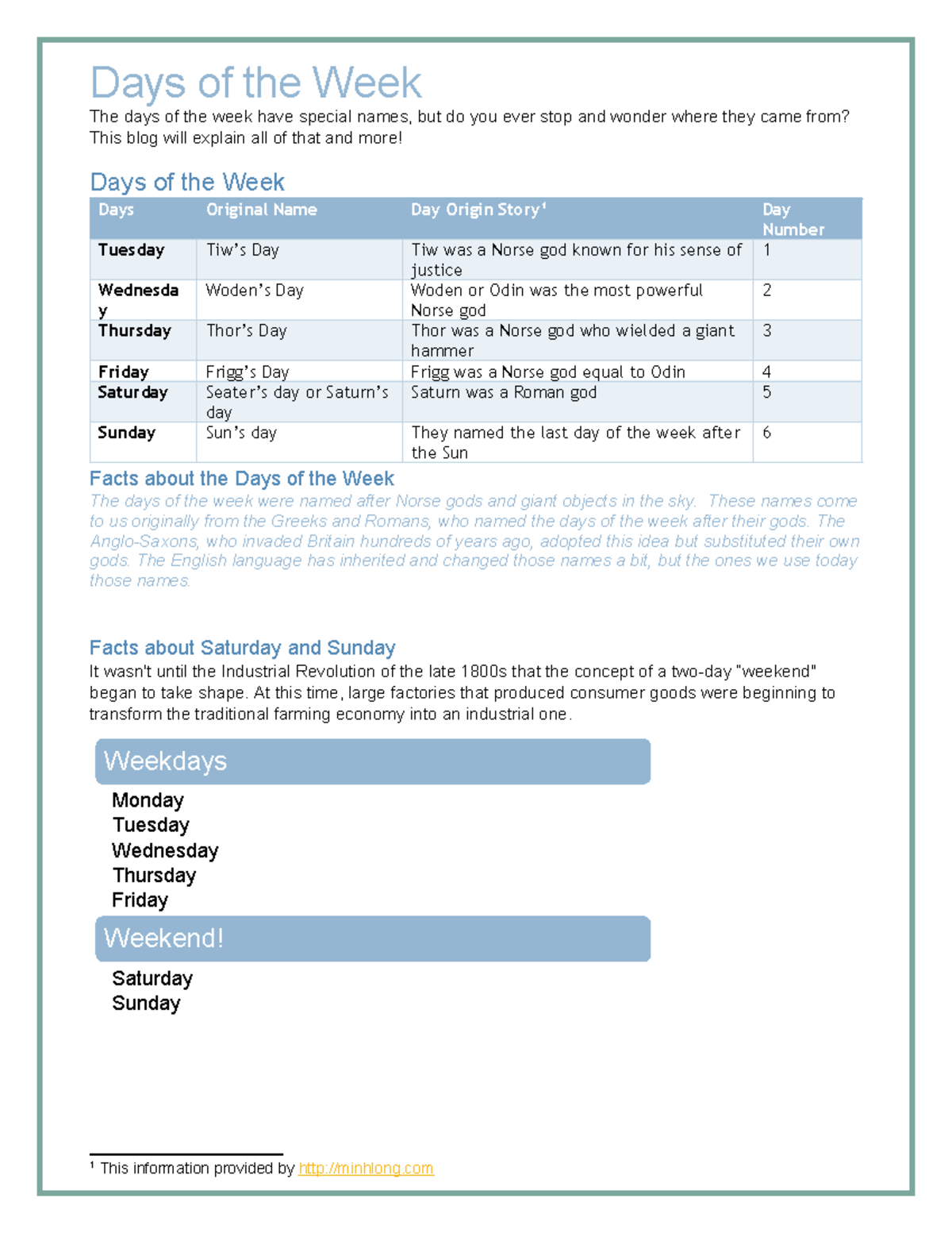 Project 2 Tai lieu thuc hanh mos Days of the Week The days of the