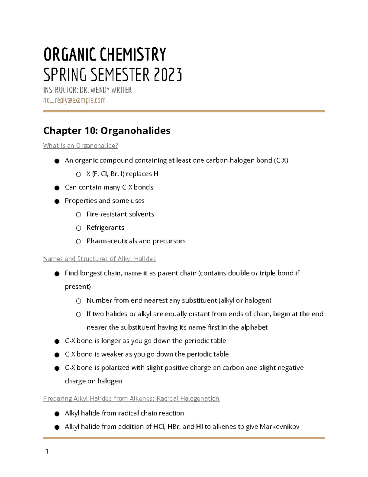 Chapter 10 Notes - ORGANIC CHEMISTRY SPRING SEMESTER 2023 INSTRUCTOR ...