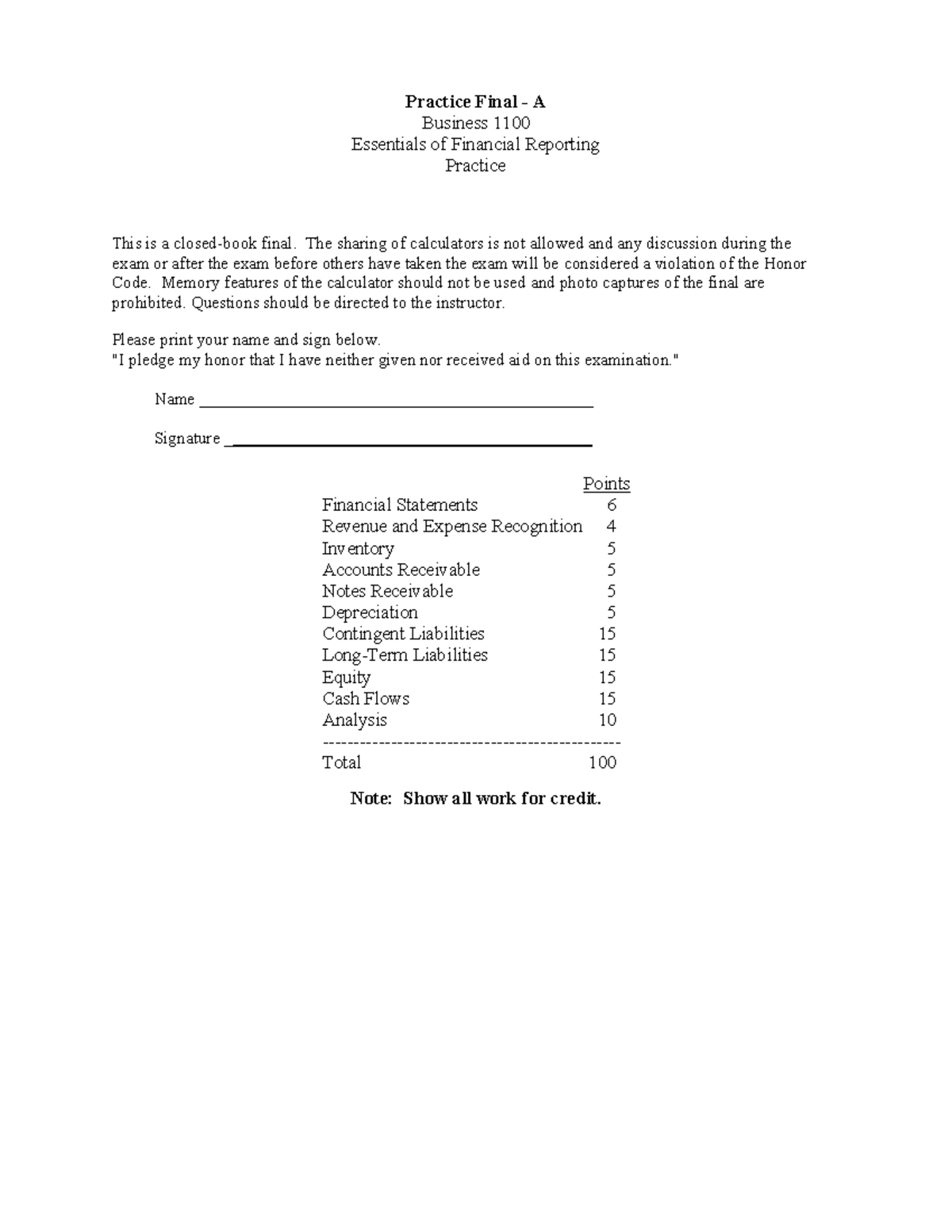 Accounting practice exam Practice Final A Business 1100 Essentials