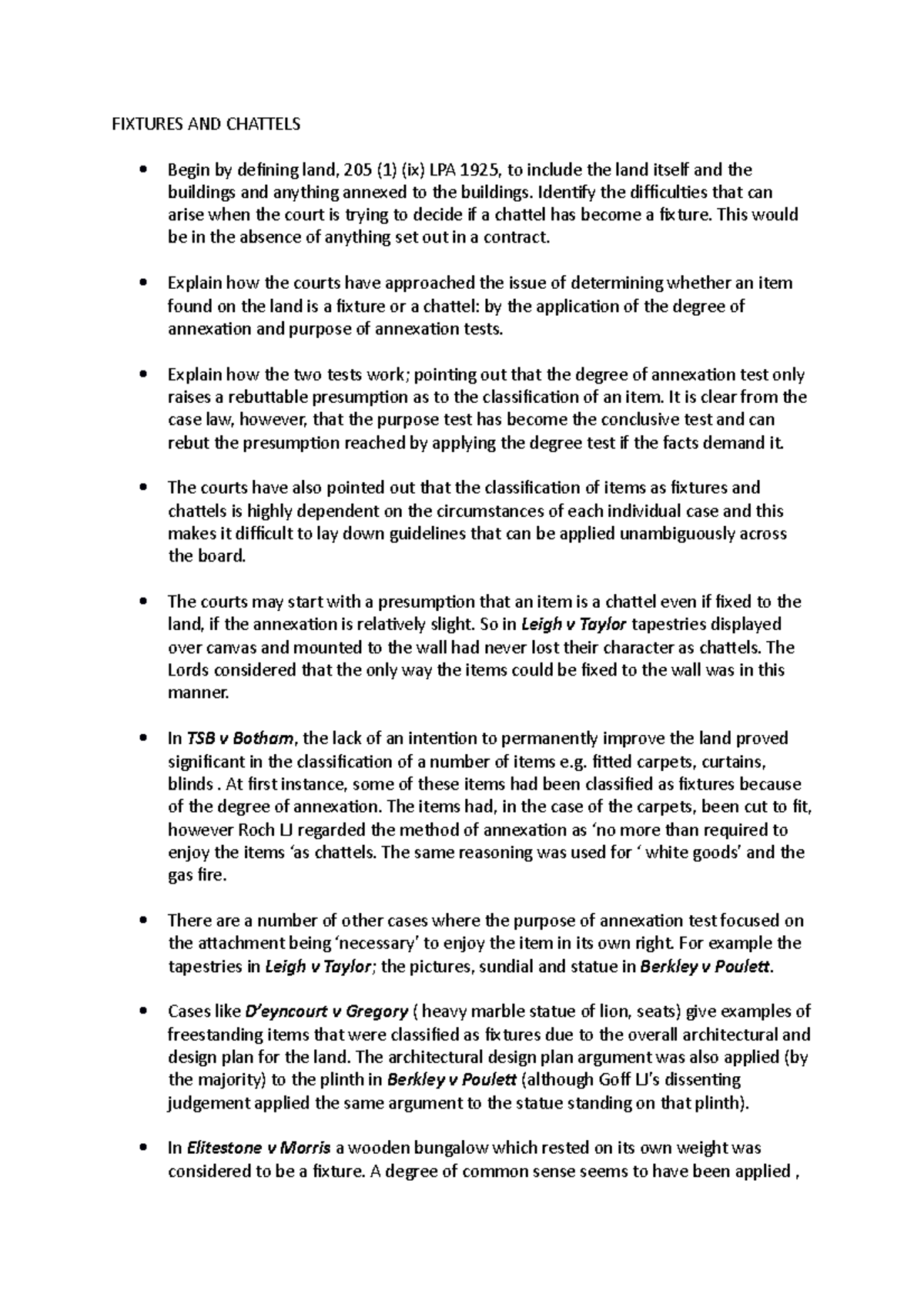 Fixtures AND Chattels FIXTURES AND CHATTELS Begin by defining land