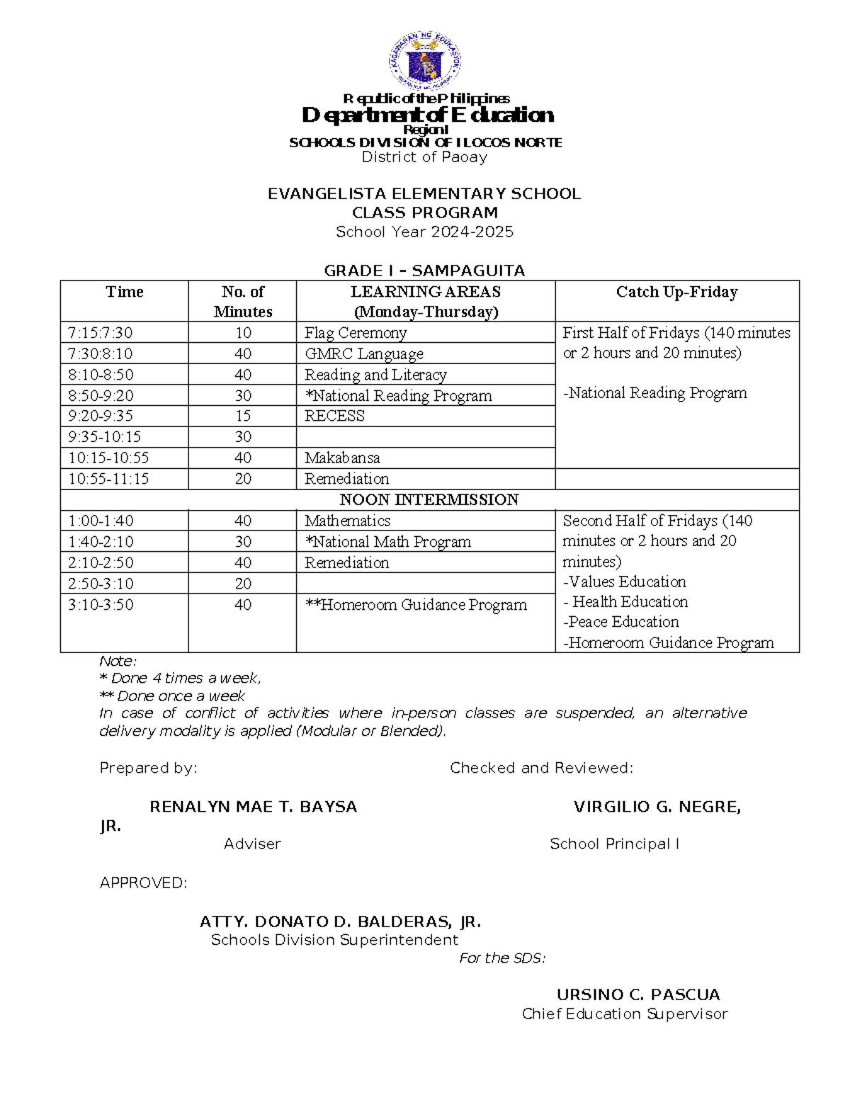 Grade 1 Class Program 24-25 Final - RepublicoftheP hilippines ...