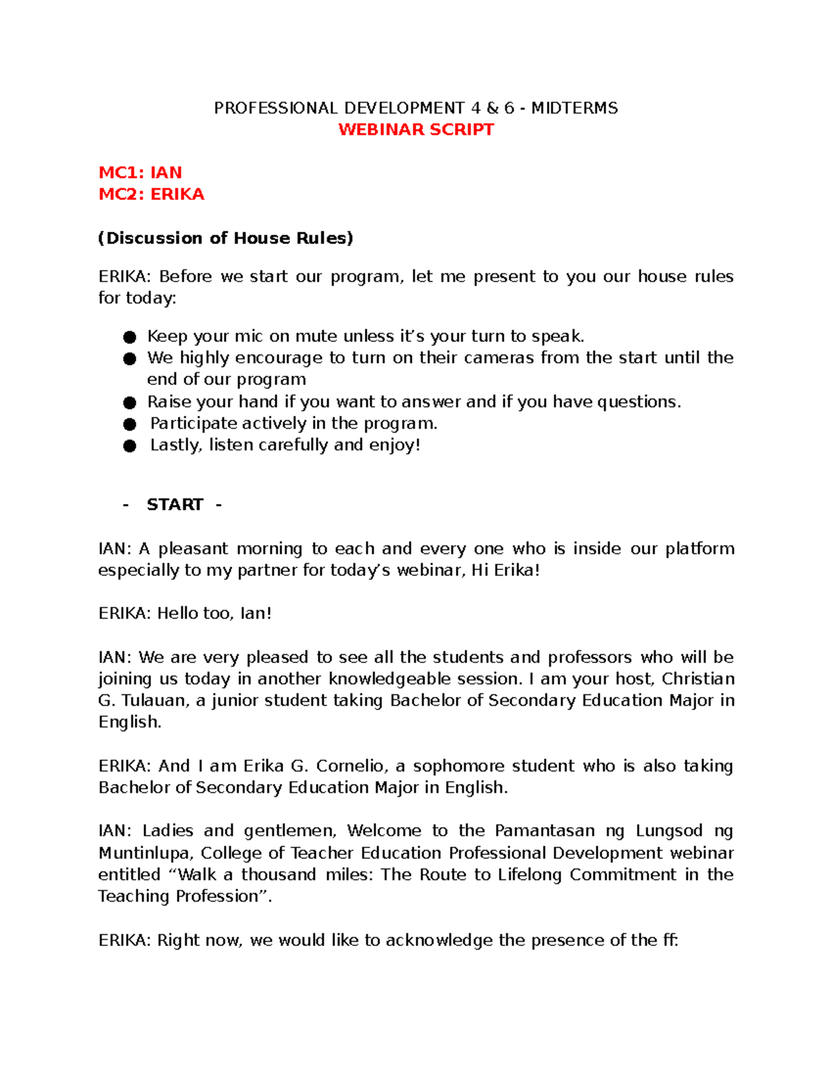 Prof Dev't 4&6 Webinar Script for Midterms (Ian and Erika ...