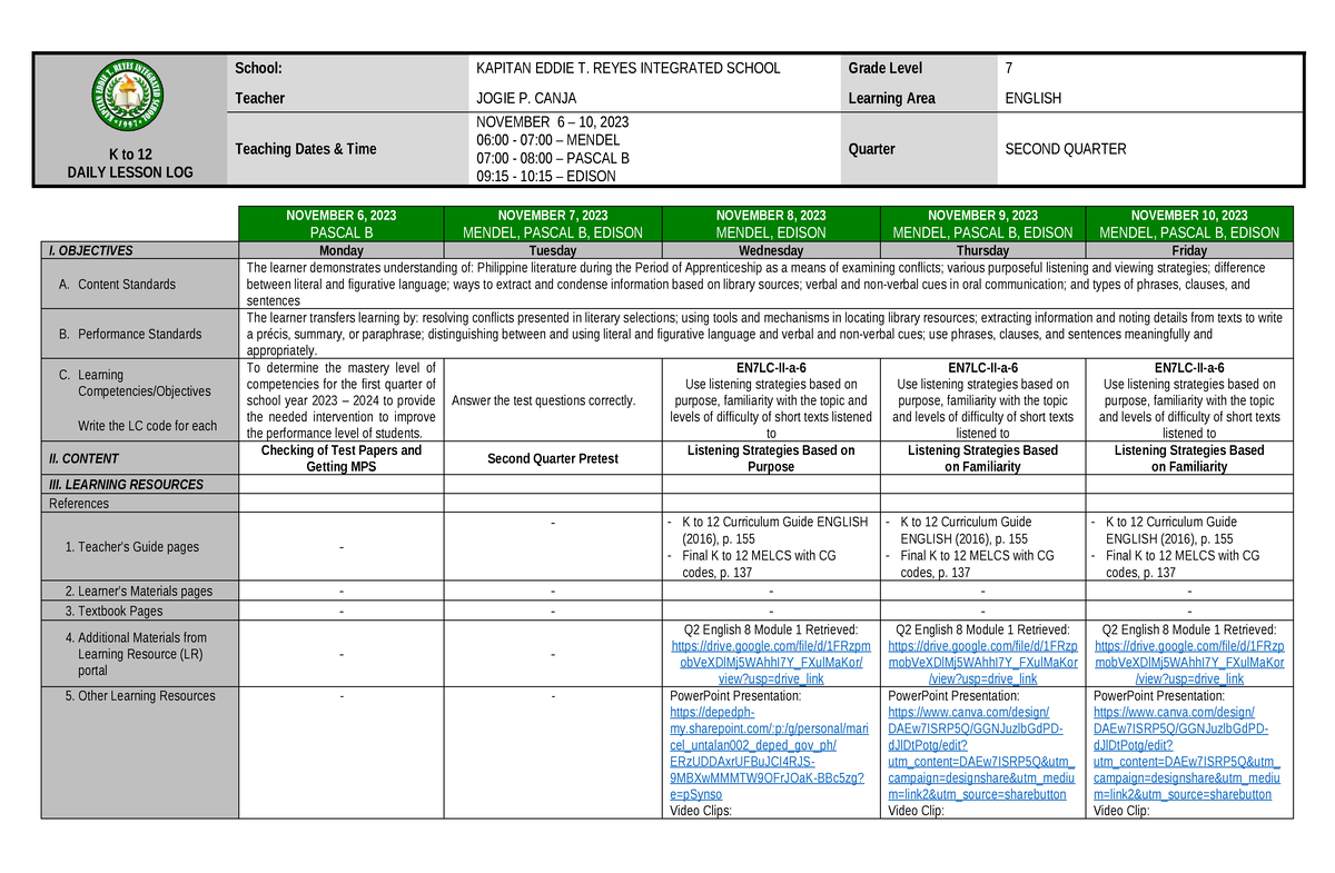 G7 DLL Q2 W2 - This Daily Lesson Log Is For English Grade 7 - K To 12 ...