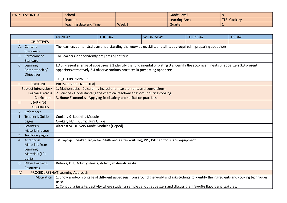 Cookery 9 Q1 DLL Week5 - DAILY LESSON LOG School Grade Level 9 Teacher ...