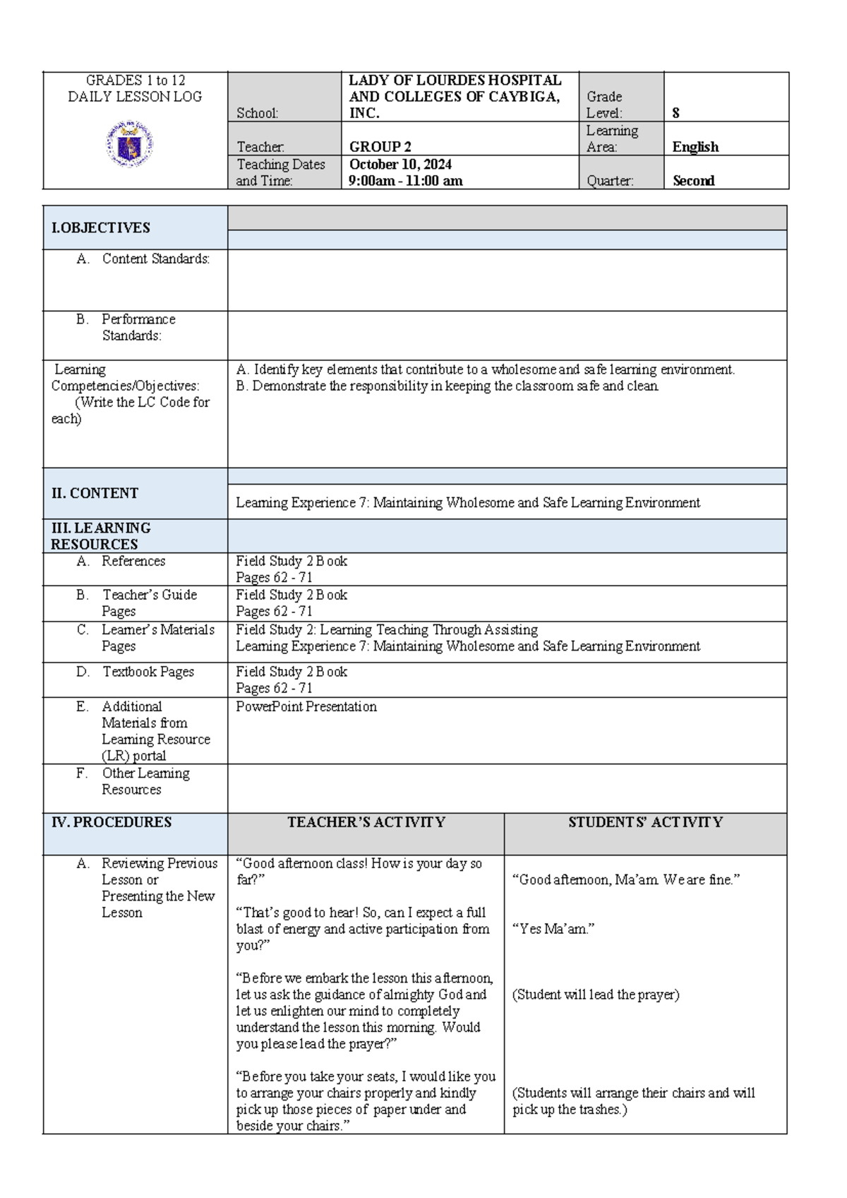 FS2-LE7 - Okay, this is your own guidelines - GRADES 1 to 12 DAILY ...