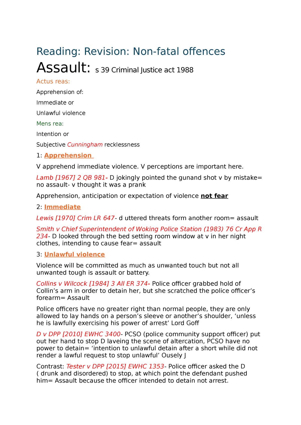 Assault - Summary Criminal Law - Reading: Revision: Non-fatal Offences ...