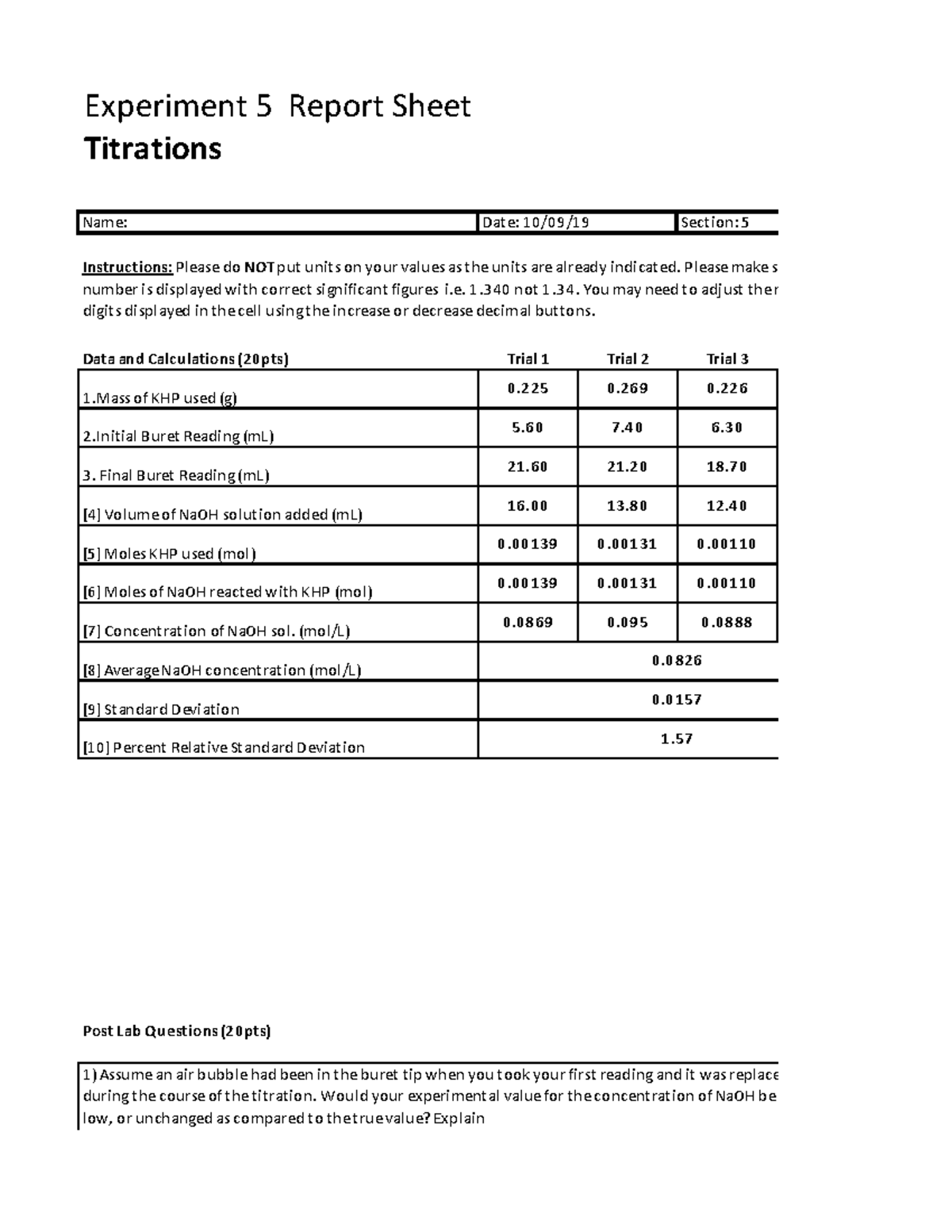 5 lab 5 Experiment 5 Report Sheet Titrations Name Date 10/09/19