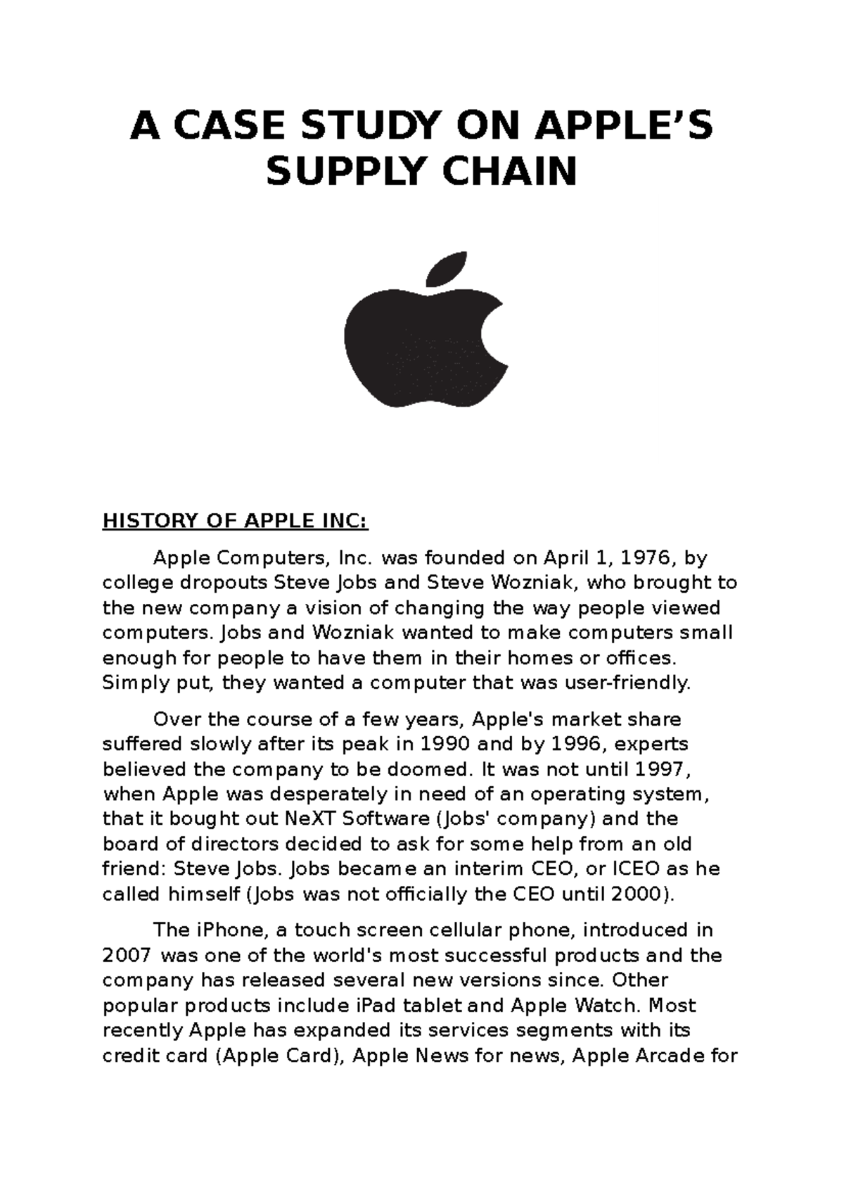 A CASE Study ON Apple COMPUTER APPLICATION MCA2001 StuDocu