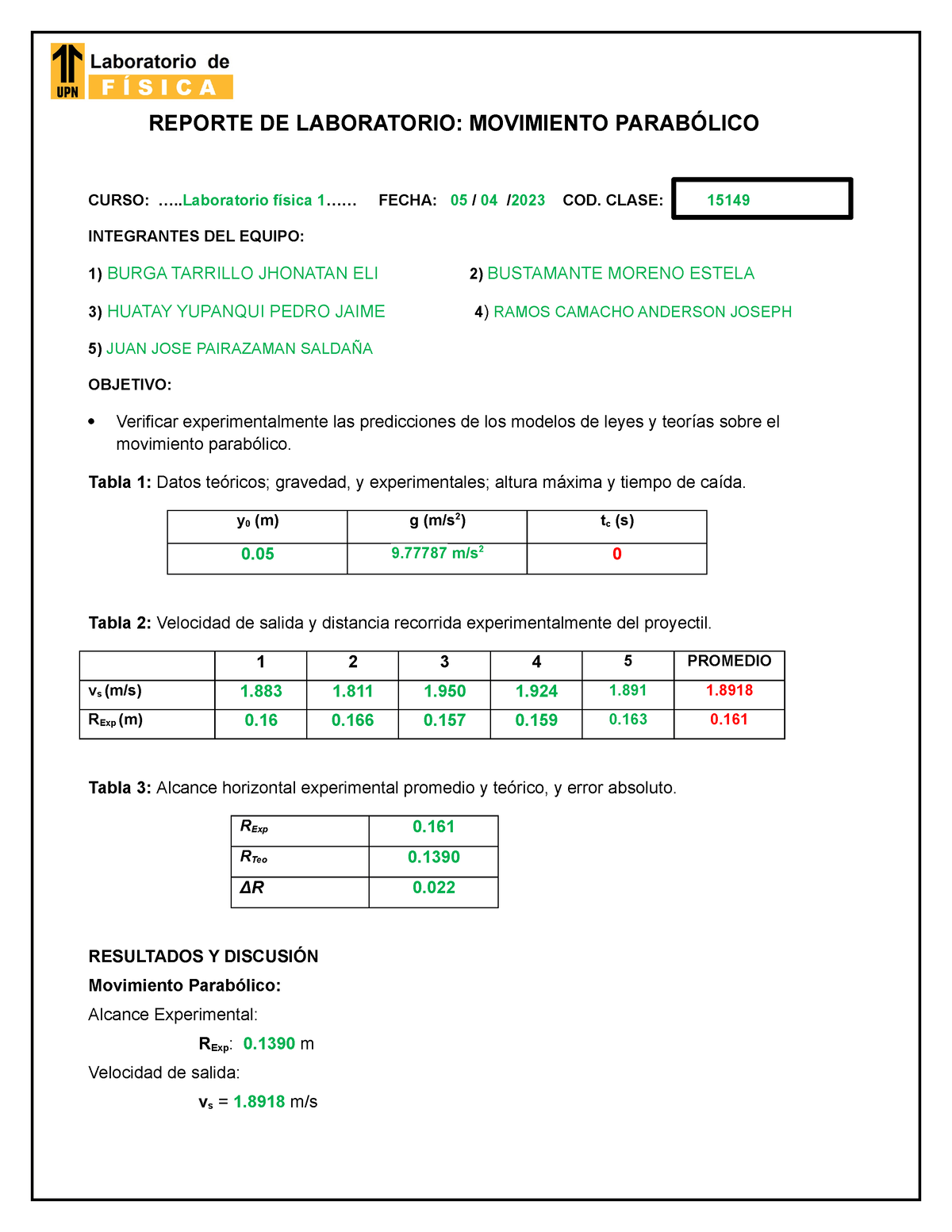 Reporte Lab Fisi1 S03 Mp 1 Reporte De Laboratorio Movimiento