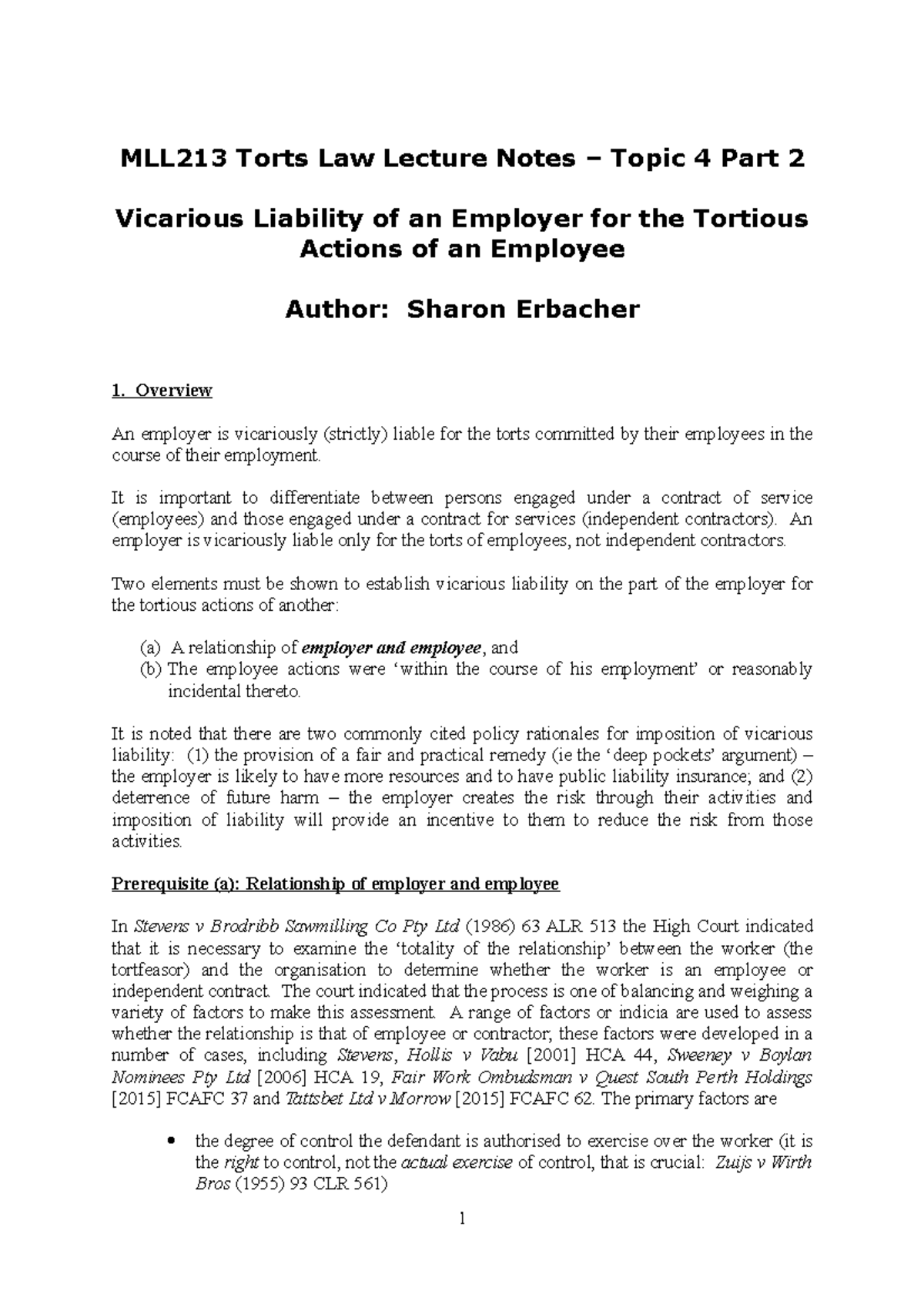 Lecture Summary notes Topic 4 Part 2 - MLL213 Torts Law Lecture Notes ...